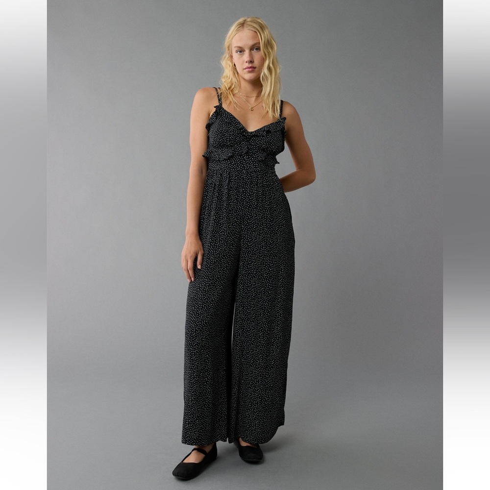American Eagle Outfitters ruffle Black polka dot Patterned Jumpsuit